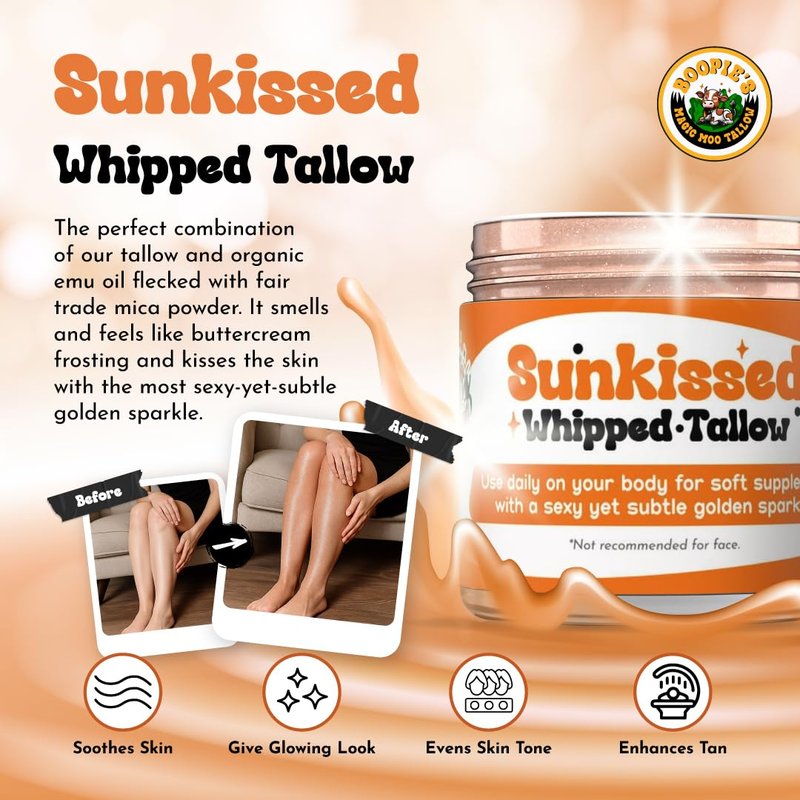 Boopie's Magic Moo Sunkissed Tallow for skin hydration, nourishment with a glow. Tinited tallow cream and lotion with glitter.