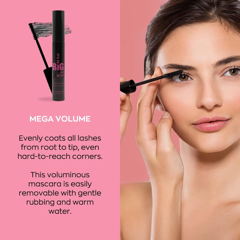 Elizabeth Mott Black Volumizing Mascara – Smudge-Proof, Lengthening Fiber Formula, Hourglass Wand – Clump-Free, Water-Resistant & Cruelty-Free – Safe for Lash Extensions, Long-Lasting, Full-Size 8ml