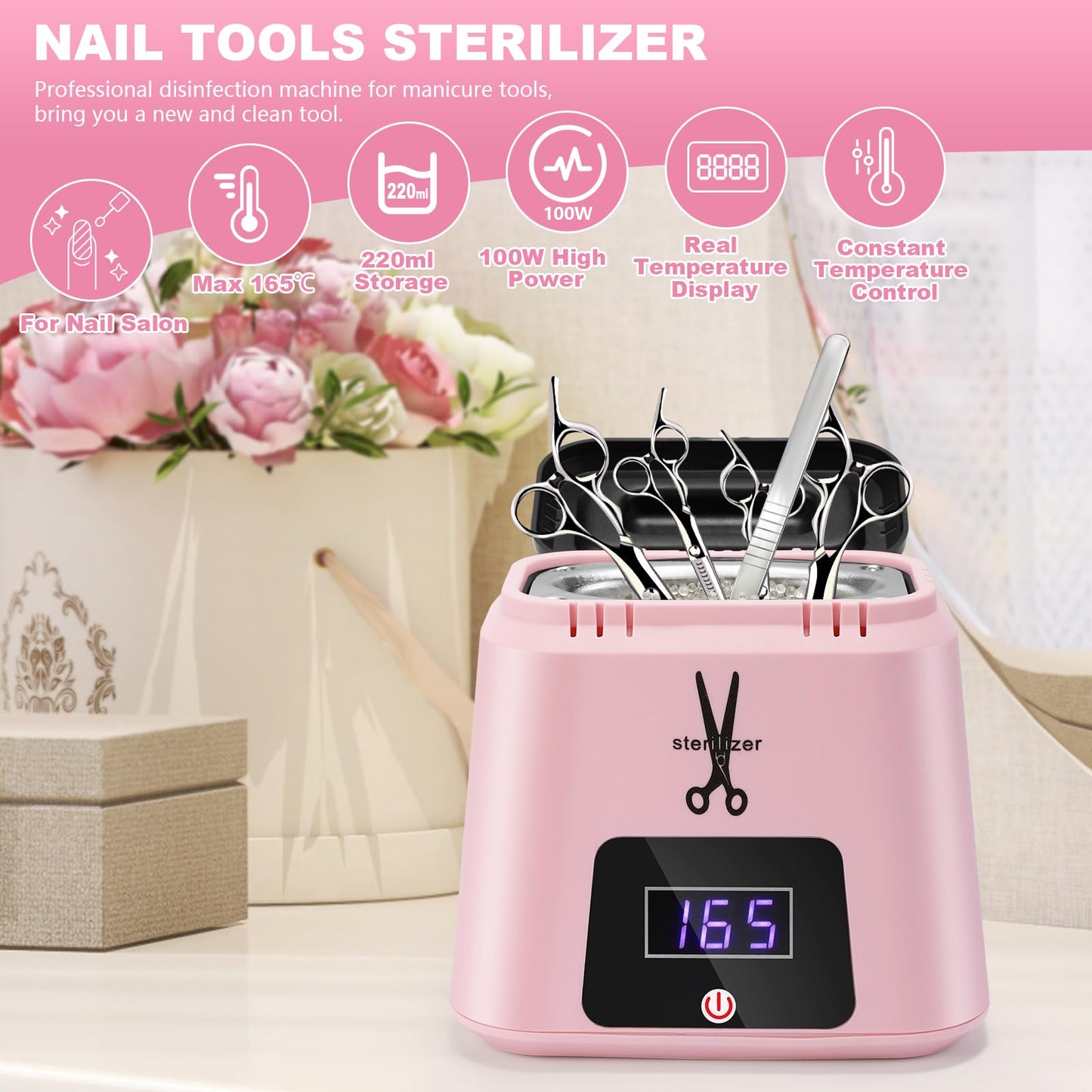 Soiiw Nail Tool Sterilizer High Temperature 329℉ for Nail Tools Portable with Glass Beads for Metal Tools Salon & Esthetician Supplies
