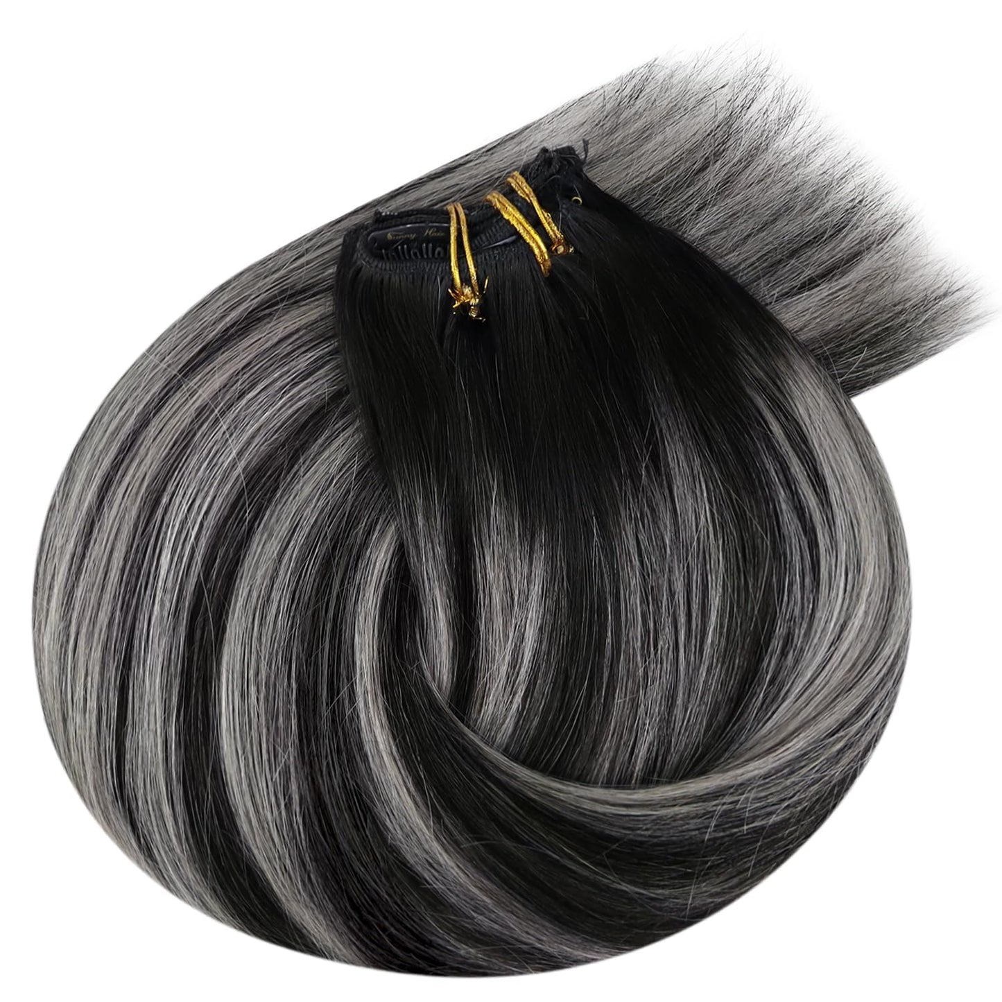 Ve Sunny Clip in Human Hair Extensions Black Grey Clip in Hair Extensions Human Hair Off Black to Silver Grey Balayage Clip on Hair Extensions Short Hair 70g 5pcs 12inch, 2.4692 Ounce