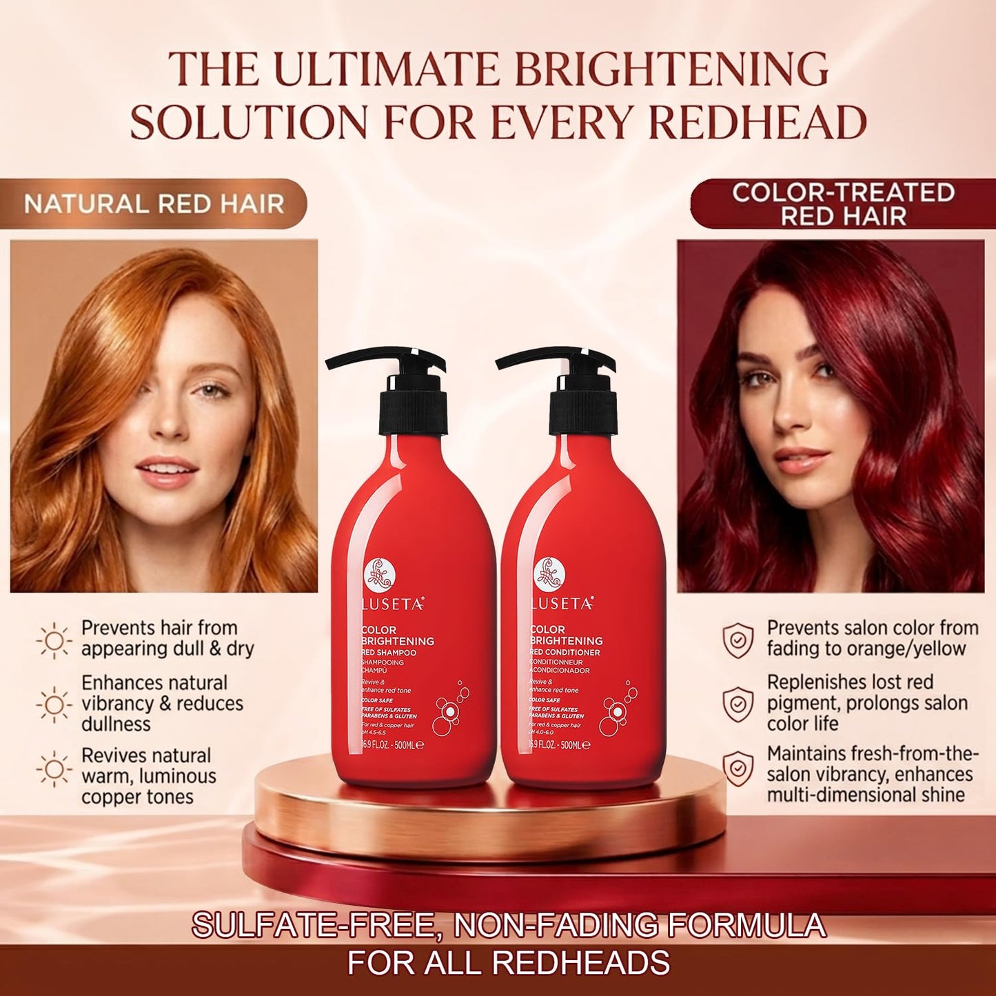 Luseta Color Enhancing Shampoo and Conditioner Set for Red & Copper Hair. Revives & Intensifies Fiery Hues, Adds Radiant Shine, Smooths Frizz, Improves Elasticity with Pomegranate, 2 x 16.9oz
