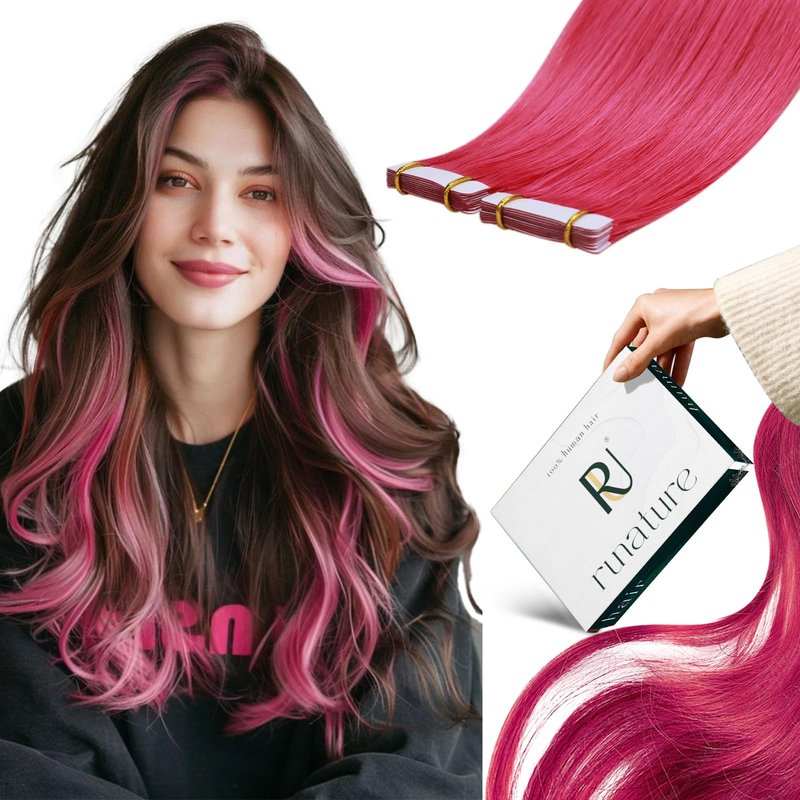 RUNATURE 22 Inch Tape in Hair Extensions Human Hair Straight Pink Hair Extensinos for Highlight Party Festival Real Human Hair Tape in Extensions Seamless Glue in Hair Can Be Styled 25g 10pcs