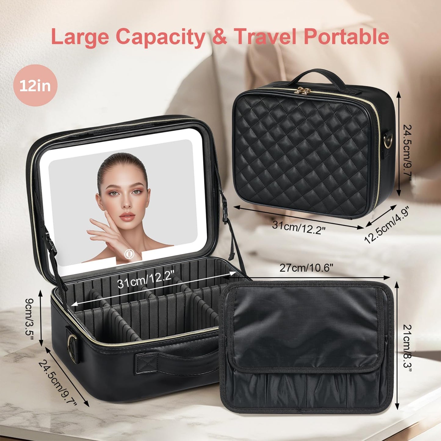 Makeup Case with LED Light Mirror, Professional Portable Travel Cosmetic Organizer Bah with Adjustable Dividers, USB Charging, Large Capacity, Ideal for Travel, Gift for Women Girls, Black