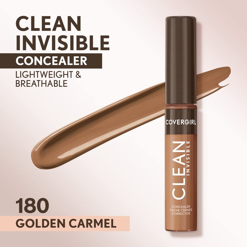 Covergirl Clean Invisible Concealer, Lightweight, Hydrating, Vegan Formula, Golden Caramel 180, 0.23oz (Pack of 2)