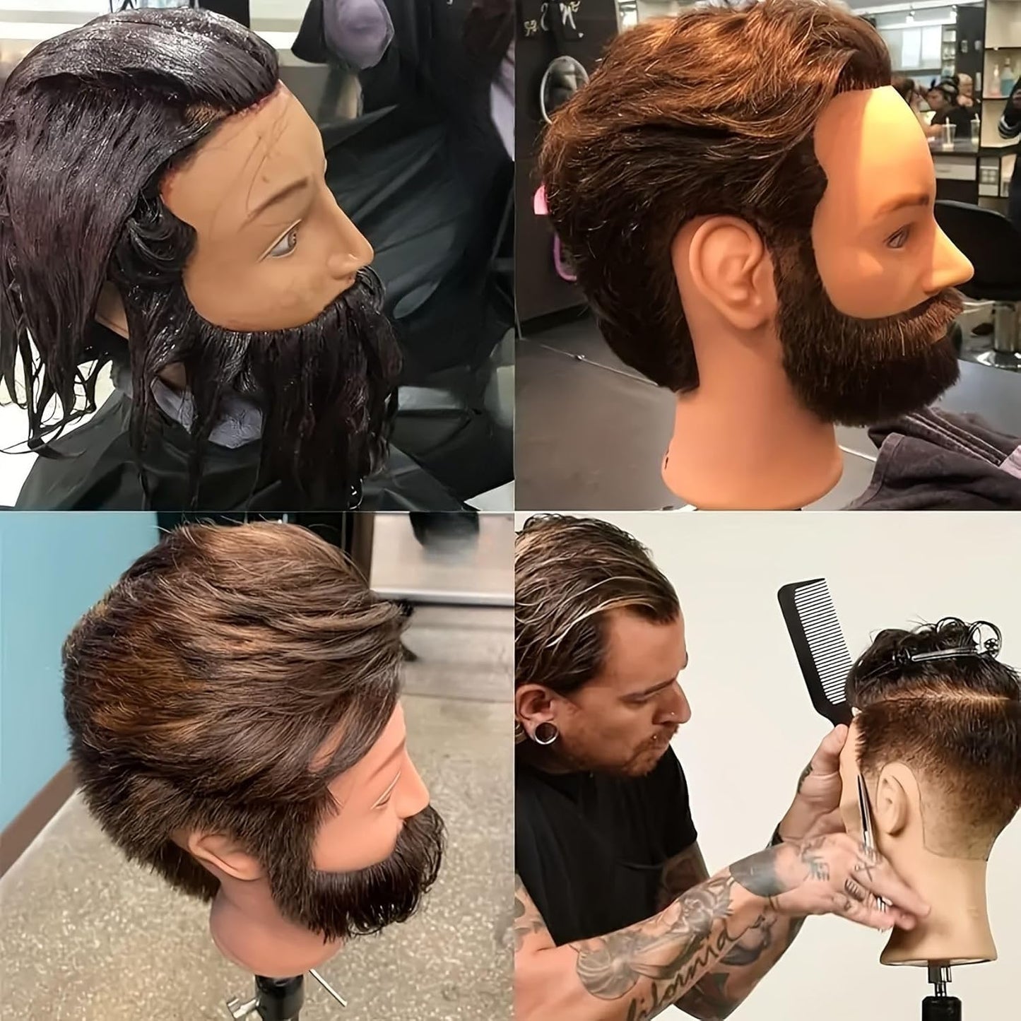 TKIMHEQ 14" Male Mannequin Head with Beard 100% Human Hair Haircut Manikin Head for Cosmetology Straight Thick Hair Doll Head with Human Hair with Stand Practice Cutting Styling (Brown#)