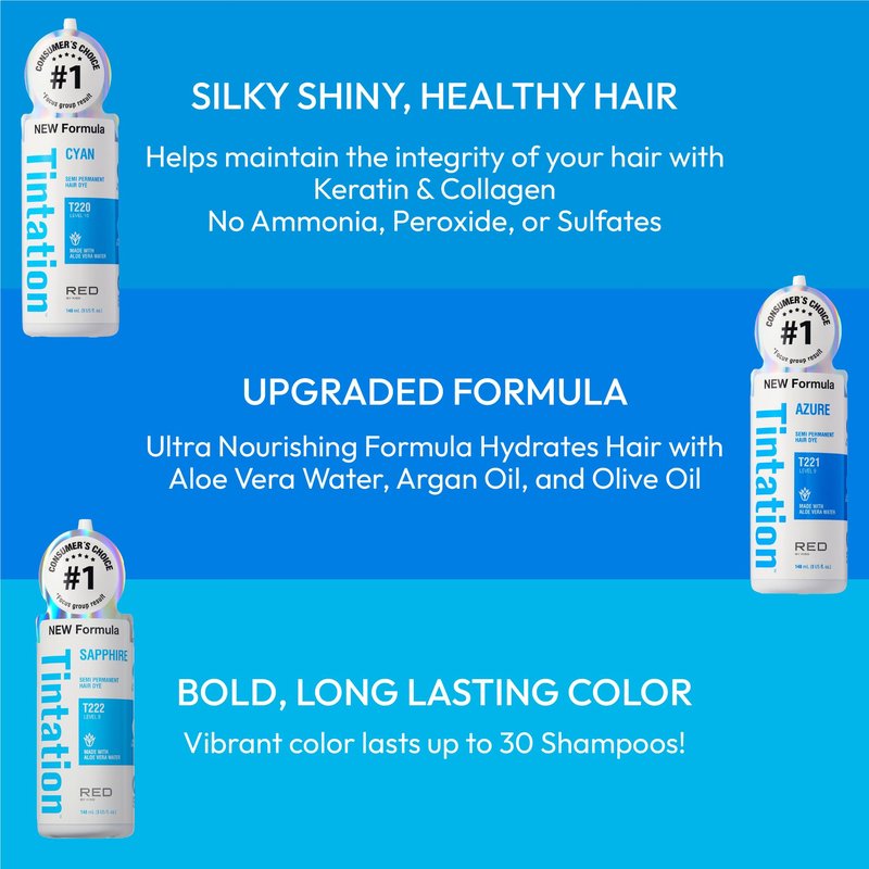 Red by Kiss Tintation Semi-Permanent Hair Color, Aloe Vera Water Based, Argan Oil, Olive Oil, Collagen & Keratin, Long-Lasting Color Dye (Azure, 5 Fl Oz)