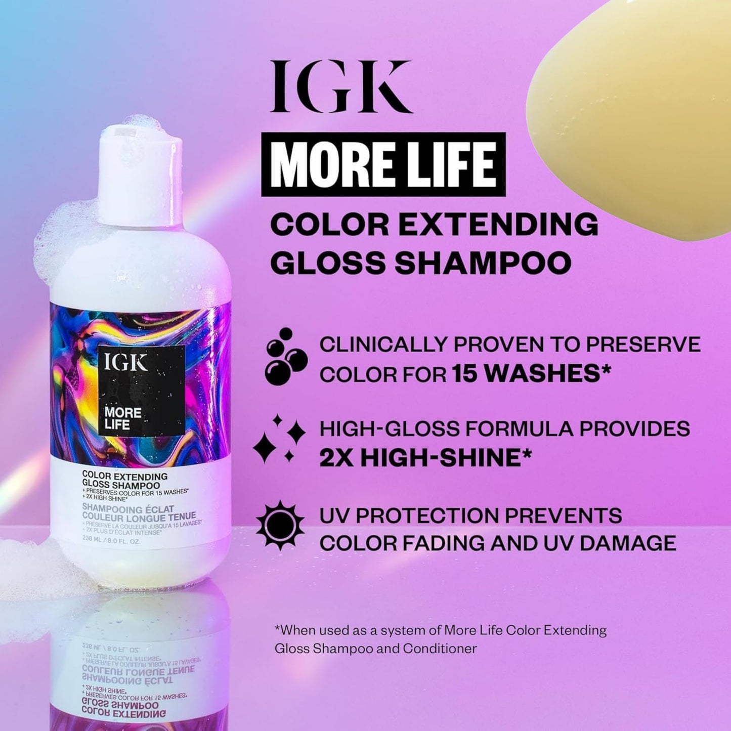 IGK MORE LIFE Color Extending Gloss Shampoo & Conditioner Set | Preserves Color + Enhances Shine | UV Protection | Vegan + Cruelty-Free | 8 oz (Pack of 2)