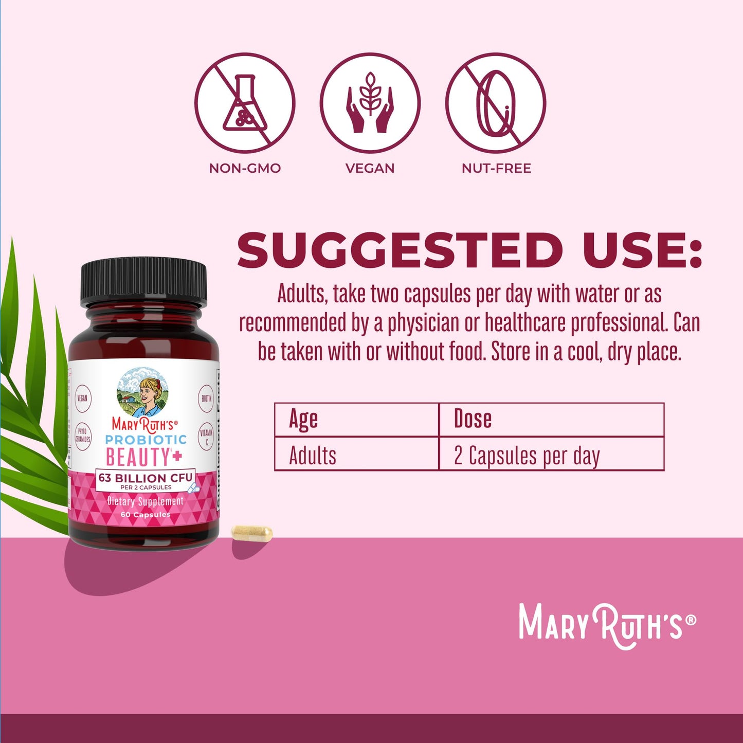 MARYRUTH'S Probiotic Beauty Capsules + Red Orange Complex & Ceramosides | Vegan Collagen Support | Anti Aging | Gut Health | Hair Skin and Nails Vitamins | Skin Care | Biotin | Non-GMO | 60 Count