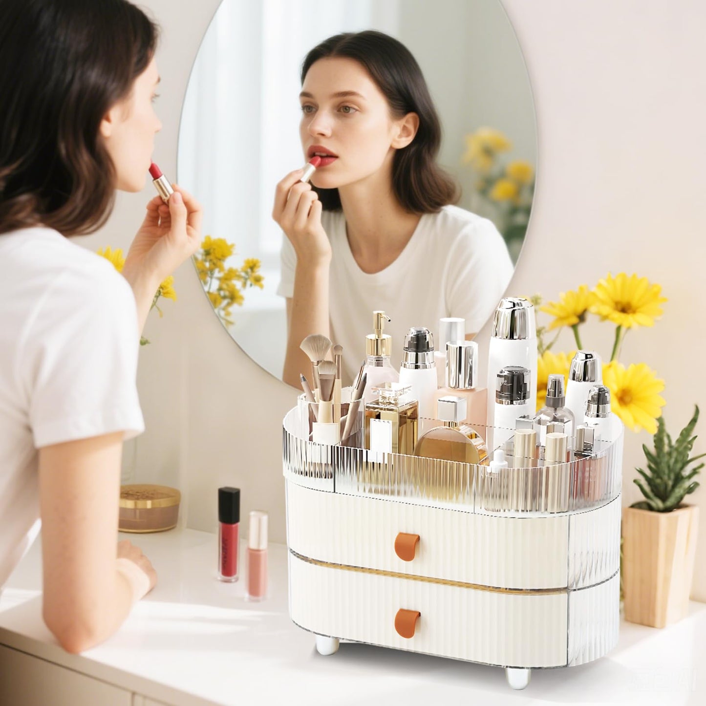 Ruiqas Makeup Organizer Countertop with 2 Drawers and 1 Clear Tray Stackable Skincare Cosmetics Storage Box for Vanity and Bathroom Countertop