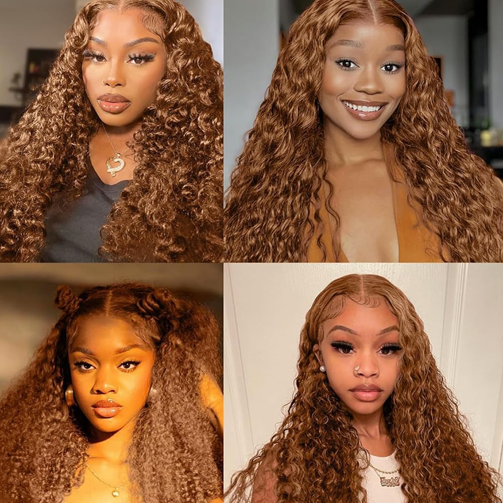 Color #30 Light Brown Human Hair Bundles Water Wave 16 18 20 Inch Curly Bundles Human Hair Unprocessed Native Virgin Hair 100/PC 3 Extensions Deep Wet and Wavy Human Hair Extensions for Women