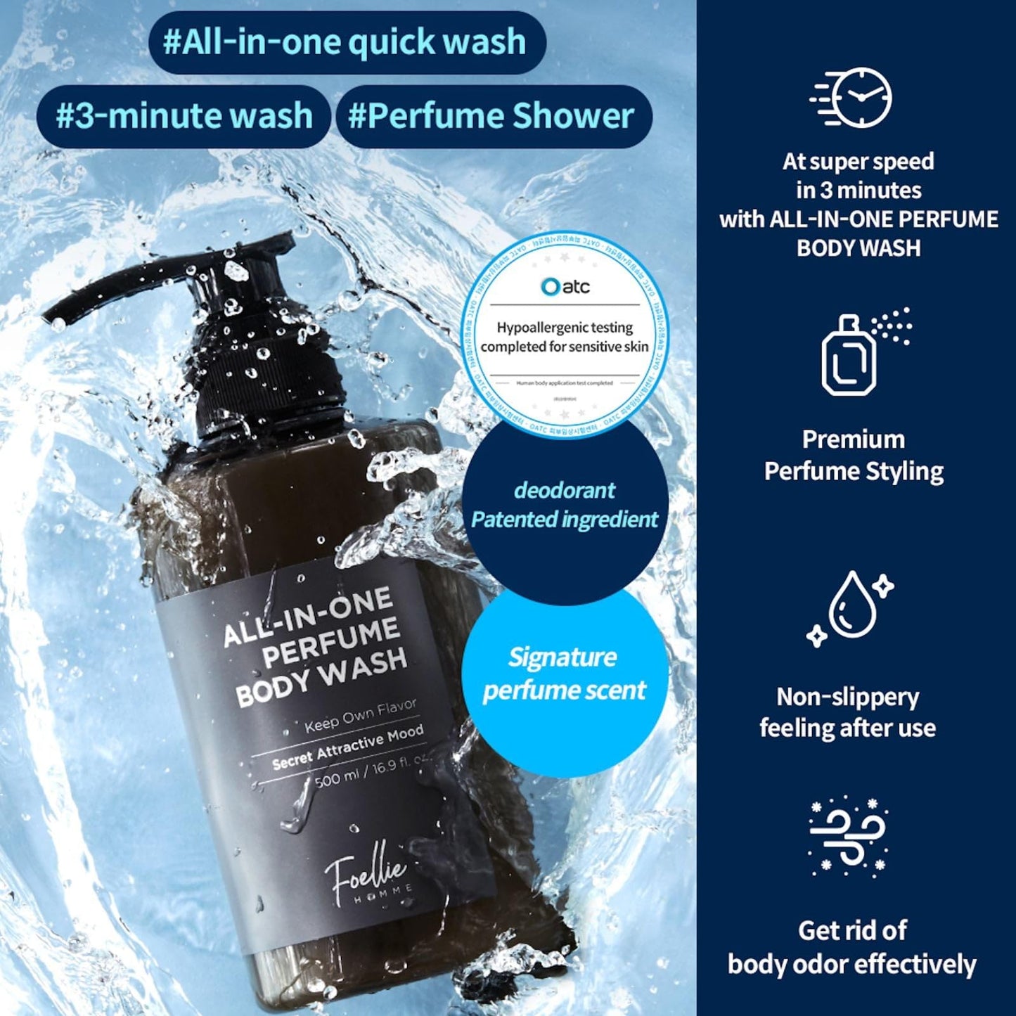Foellie Homme All-In-One Perfume Body Wash 500ml, Fragrances Cleanser for Men