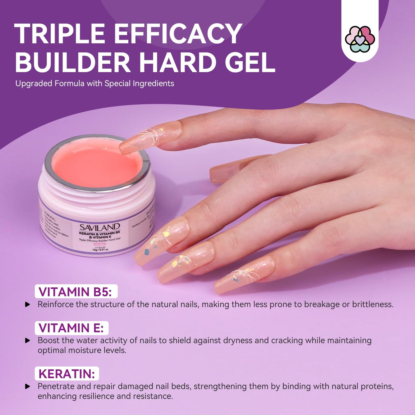 SAVILAND Builder Nail Gel Set with Nail Drill Cuticle Remover Cuticle Oil – 3 Pcs Hard Gel(VE&VB5&Kerain) Clear Pink Nudes Builder Nail Gel with Lamp Nail Strengthener Gel for Nail Extension