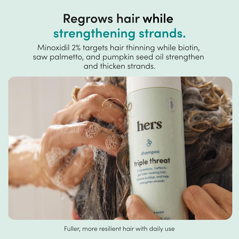 hers Triple Threat Shampoo, Conditioner, and 2% Minoxidil Set - Biotin, Saw Palmetto, & Pumpkin Seed Oil - Supports Hair Regrowth for Women - Color-Safe & Paraben-Free - Napa Rose Scent - 3 Count