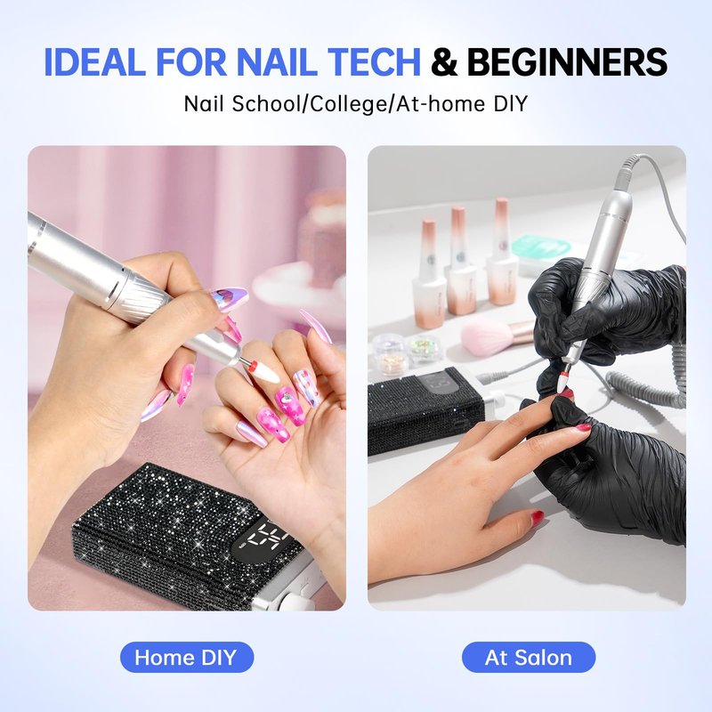 CHRISTINE SHELLY Rechargeable 35000RPM Nail Drill Sparkling Portable Professional Electric Nail File for Acrylic/Gel Nails Professional Nail Tools for Manicure Pedicure, Black Diamond