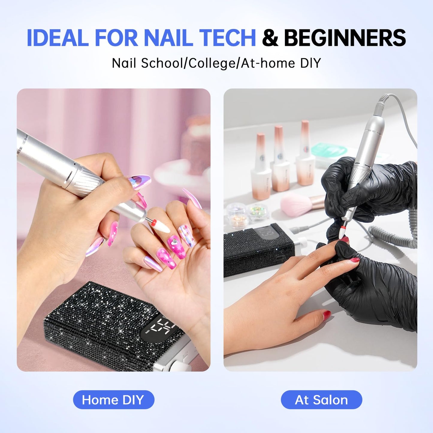 CHRISTINE SHELLY Rechargeable 35000RPM Nail Drill Sparkling Portable Professional Electric Nail File for Acrylic/Gel Nails Professional Nail Tools for Manicure Pedicure, Black Diamond