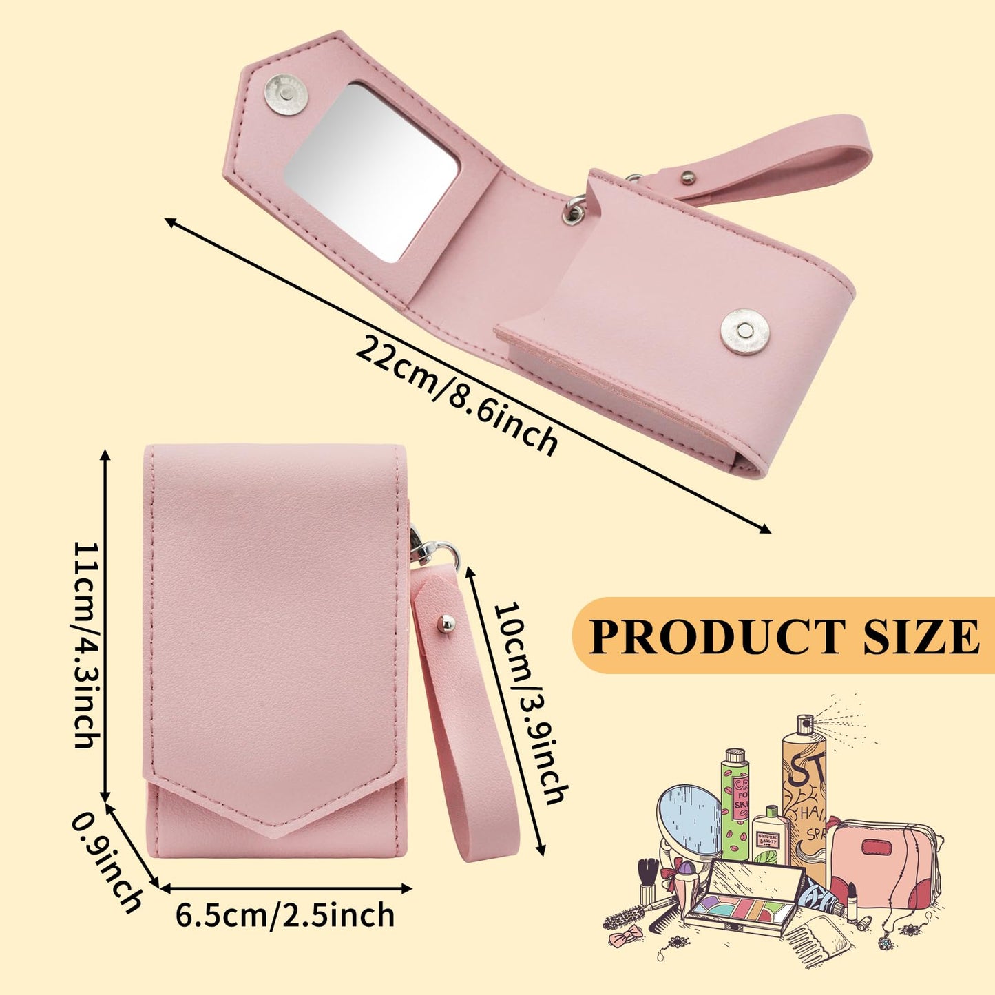 AfitLulu Makeup Lipstick Case, Pu Leather Lipstick Pouch With Mirror, Wristlet Cosmetic Bag with Removable Keychain, Holds Up to 3 Lipsticks, Magnetic Closure (Pink)