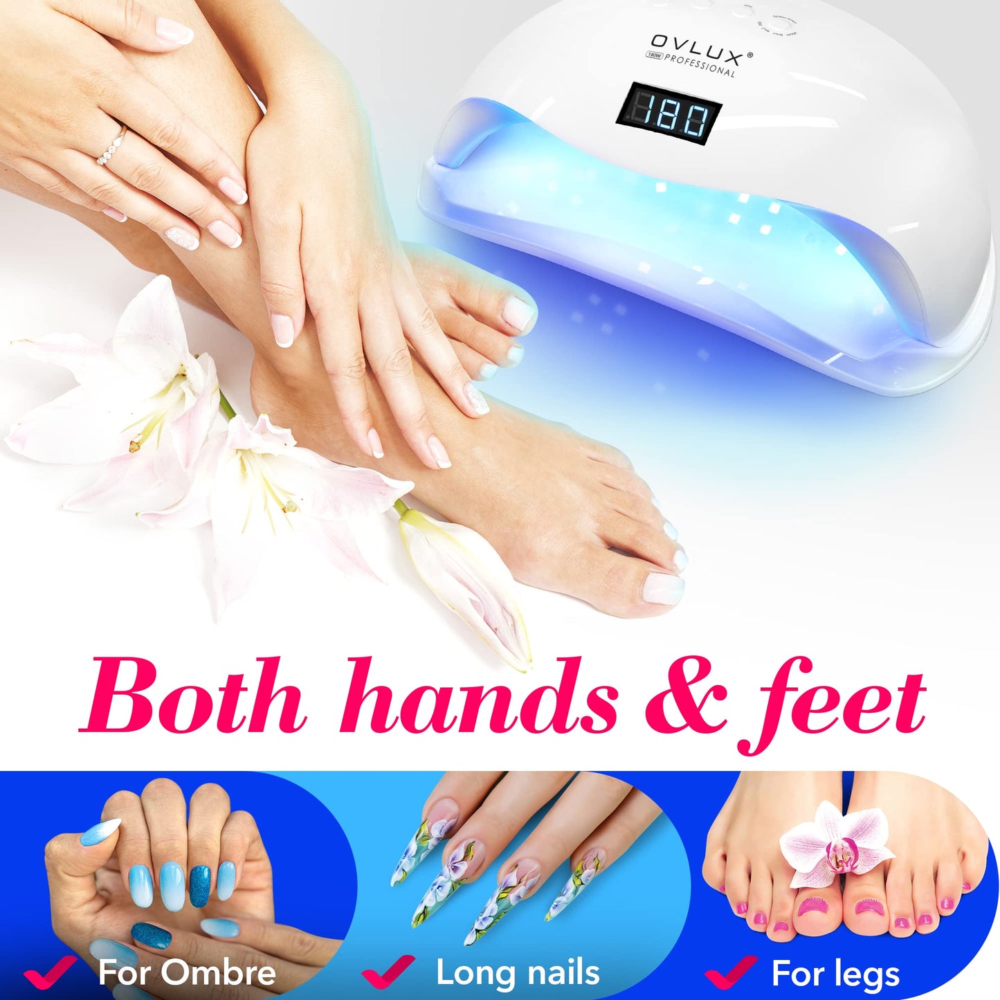 OVLUX 180W UV LED Nail Lamp Professional – Fast Gel Nail Dryer with 57 LEDs, LCD Countdown, Auto Sensor & Low Heat Mode, UV Light for Gel Nails, Salon & Home, Nail Buffer & File Set