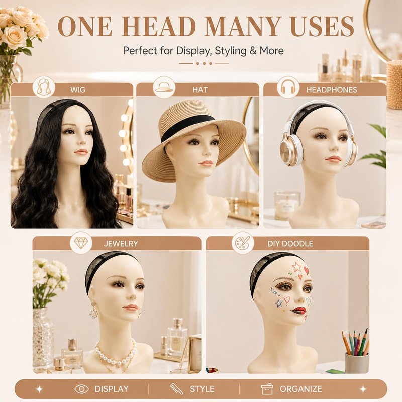 17-inch Female Mannequin Head Form with Eyelashes and Lips Display Stand for Wigs, Hats, Jewelry
