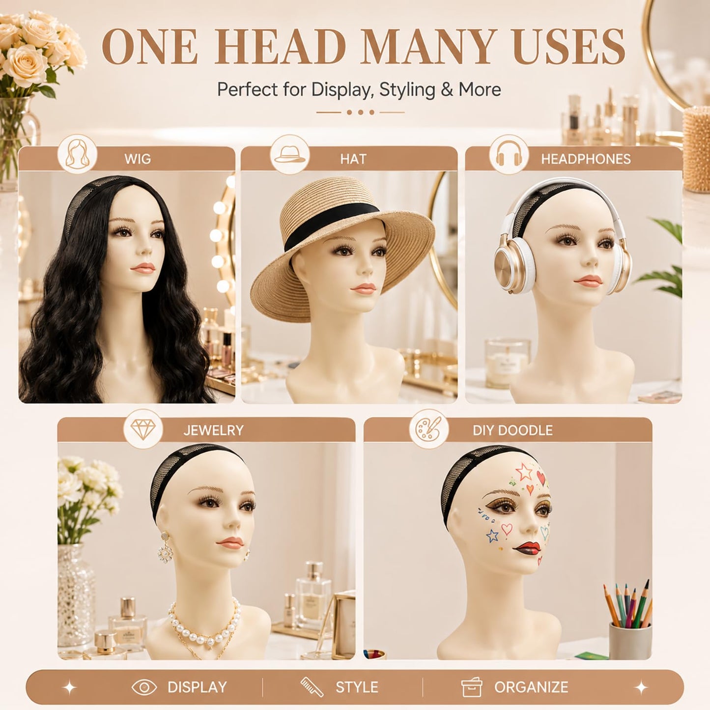 17-inch Female Mannequin Head Form with Eyelashes and Lips Display Stand for Wigs, Hats, Jewelry