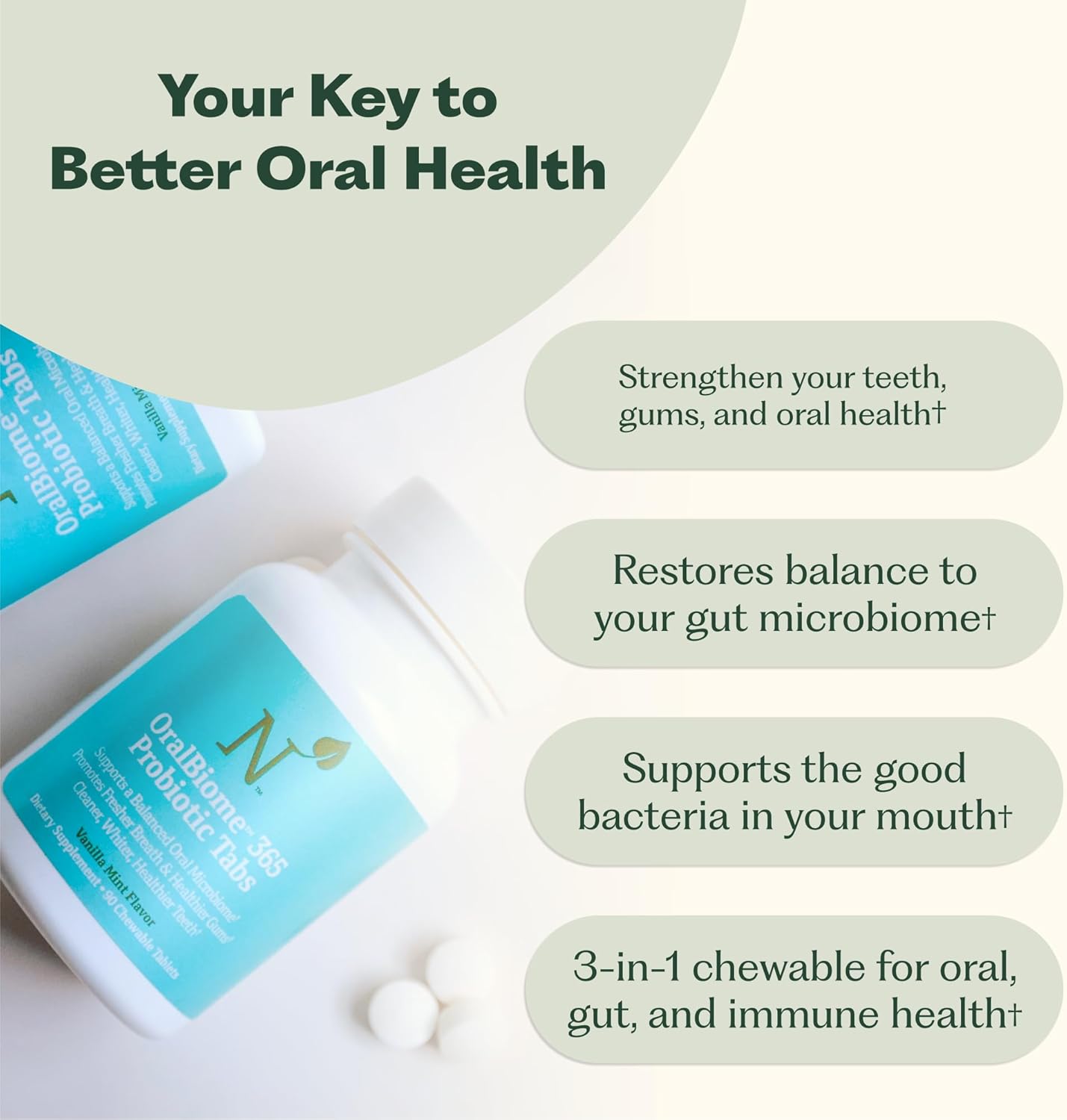 OralBiome 365 Chewable Oral Probiotics - Fresh Breath & Gut Health Support | Zinc & Vitamin C | Vanilla Mint, 90 Servings