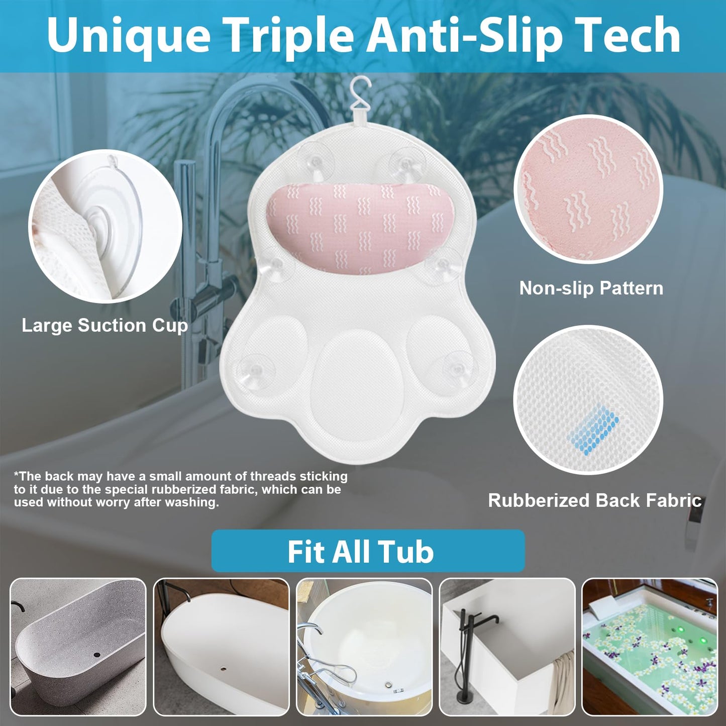 JUSDOO Bath Pillows for Tub Neck and Back Support - Upgraded Non-Slip Rubber Backing & 6 Suction Cups, 4D Air Mesh Spa Bathtub Cushion for Head Rest, Machine Washable with Laundry Bag & Hook (Gray)