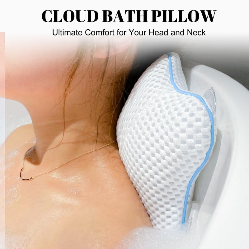 Non Slip Bath Pillow, Luxury Spa Bathtub Head & Neck Rest Support, Permeable Quick Drying Air Mesh Tub Pillow with 4 Large Suction Cups, Fits Any Tubs, Soft and Relaxing (White)