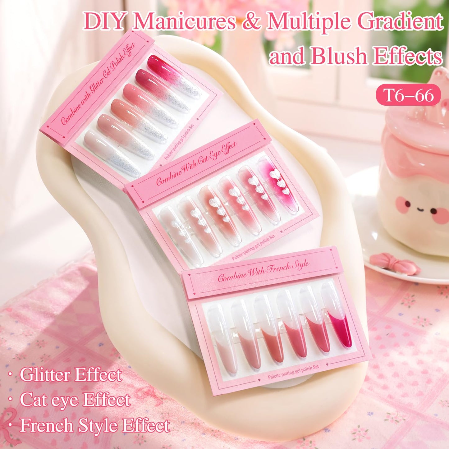 Double Rhythm Painting Gel Polish Set for Nail Art Palette Patting Gel Polish 6 Colors with 100 Pcs Sponges and Grabbing Pen (Neutral Nude Rose-T6-66)