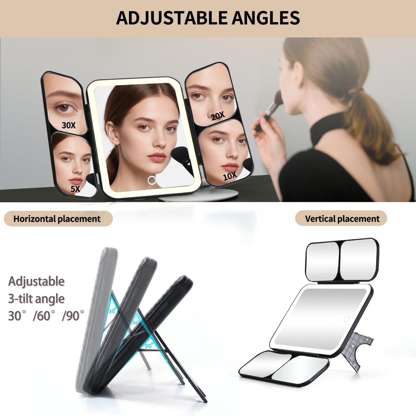 saiggnyy 5-in-1 Led Vanity Makeup Mirror,1X Full Face & 5x/10x/20x/30x Times Magnification for Close-up Makeup, Compact Travel Magnifying Mirror with Light, Trifold Mirrors with Stand (Cool Black)