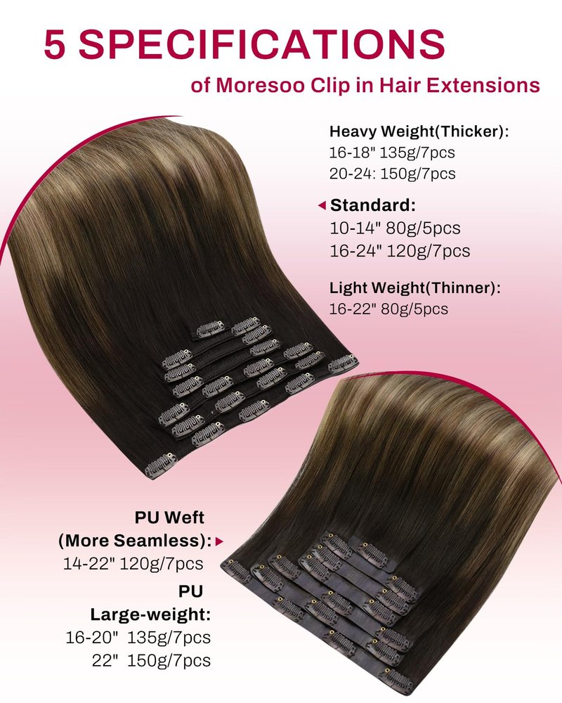 Moresoo Clip in Hair Extensions Real Human Hair Balayage Human Hair Clip in Extensions Ombre Dark Brown to Golden Brown With Blonde Hair Extensions Clip ins 12inch 80g 5pcs