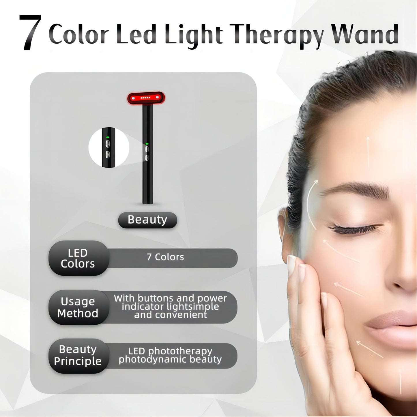 Fxtiaa Led-Light-Therapy, 7 Color Face Skincare Wand with Facial Massager LED Face Skin Rejuvenation for Face & Neck & Eye Skincare Equipment Red Light Wand