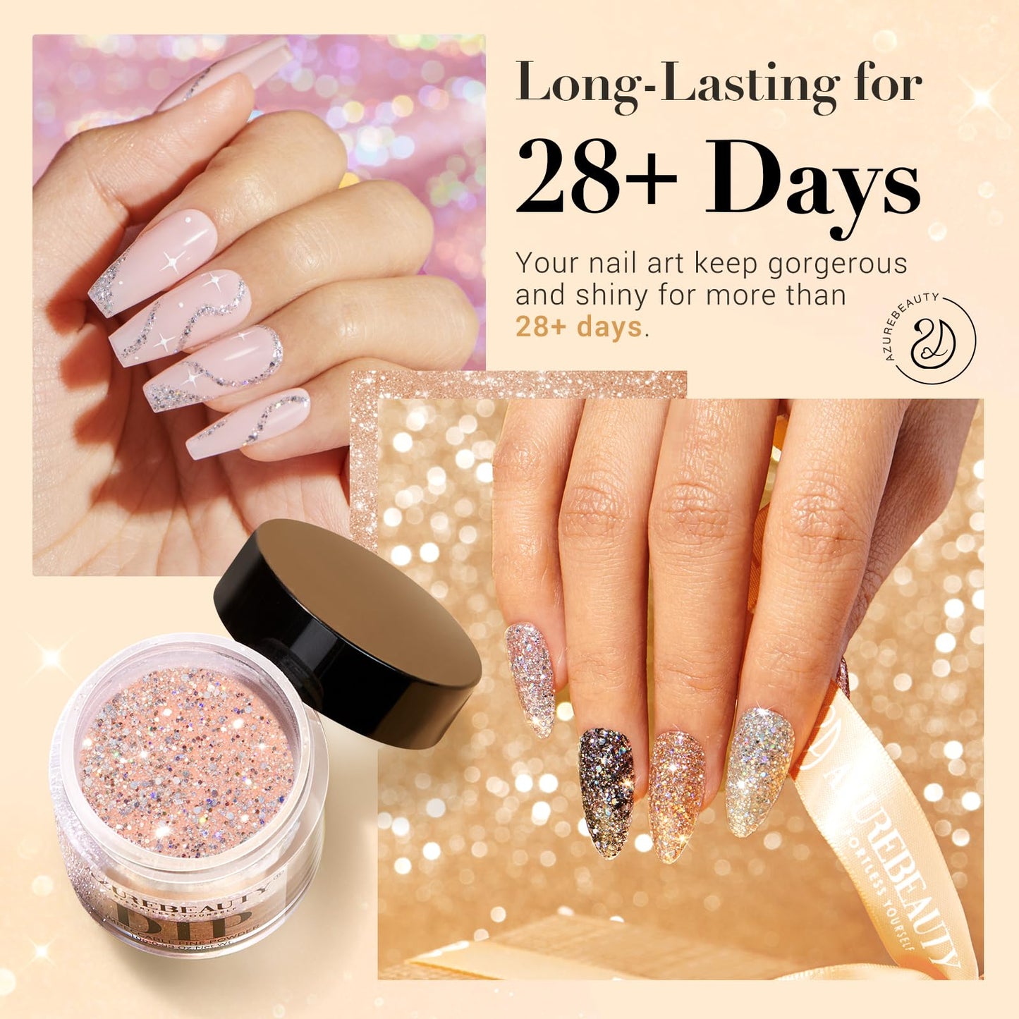 AZUREBEAUTY Dip Powder Nail Set, Silver Pink Black Dip Powder Liquid Set 4 Pcs Clear Dipping Powder Base Activator Top Coat and Brush Saver