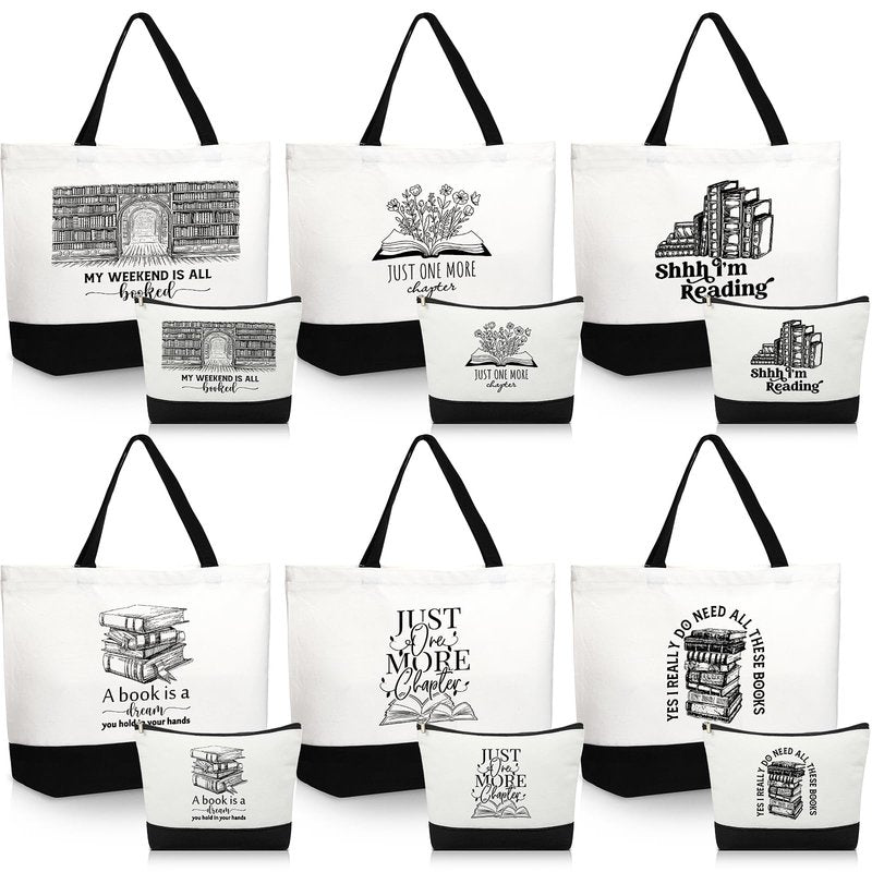 Locmeo 12 Pcs Book Lovers Gifts Book Club Tote Bag Reading Quote Makeup Reusable Cosmetic Bag with Metal Zipper Bookish Librarian Appreciation Gifts for Women Bookworm Teacher Student