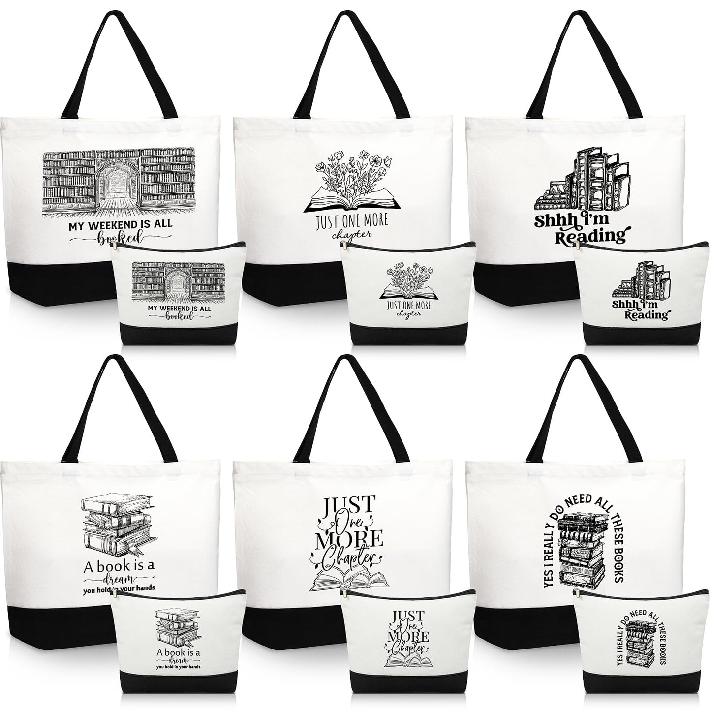 Locmeo 12 Pcs Book Lovers Gifts Book Club Tote Bag Reading Quote Makeup Reusable Cosmetic Bag with Metal Zipper Bookish Librarian Appreciation Gifts for Women Bookworm Teacher Student