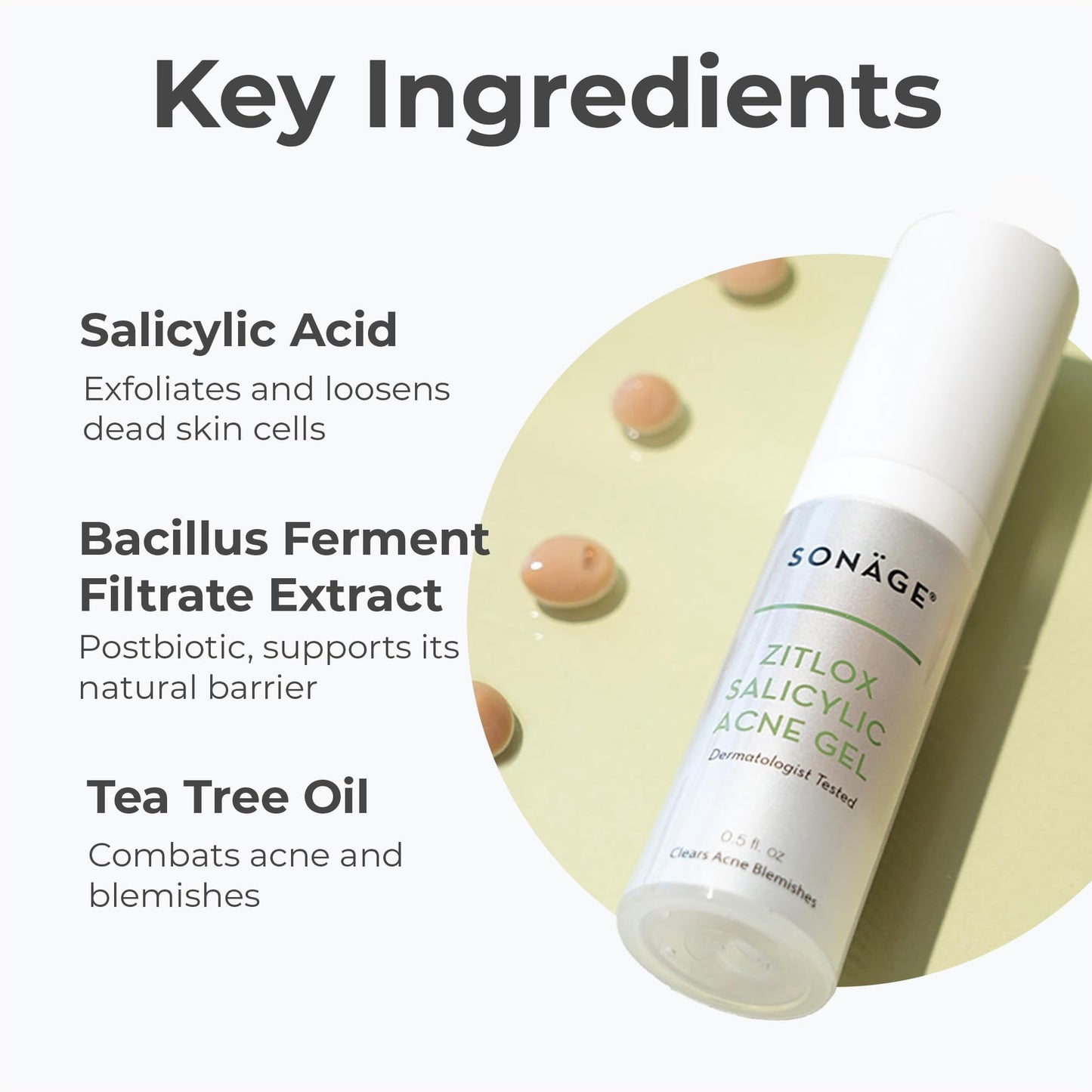 Sonage Zitlox Salicylic Acne Gel: Spot Treatment with Tea Tree Oil | Clears Acne Blemishes | Benzoyl Peroxide Alternative