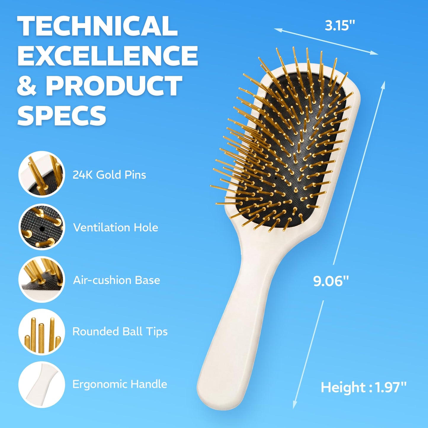 Befanty 24K Gold Plated Gua Sha Hairbrush & Scalp Massager, Anti-Static Metal Bristle Comb for Dry & Wet Brush, Detangler & Curly Hair Brushes for Women & Men
