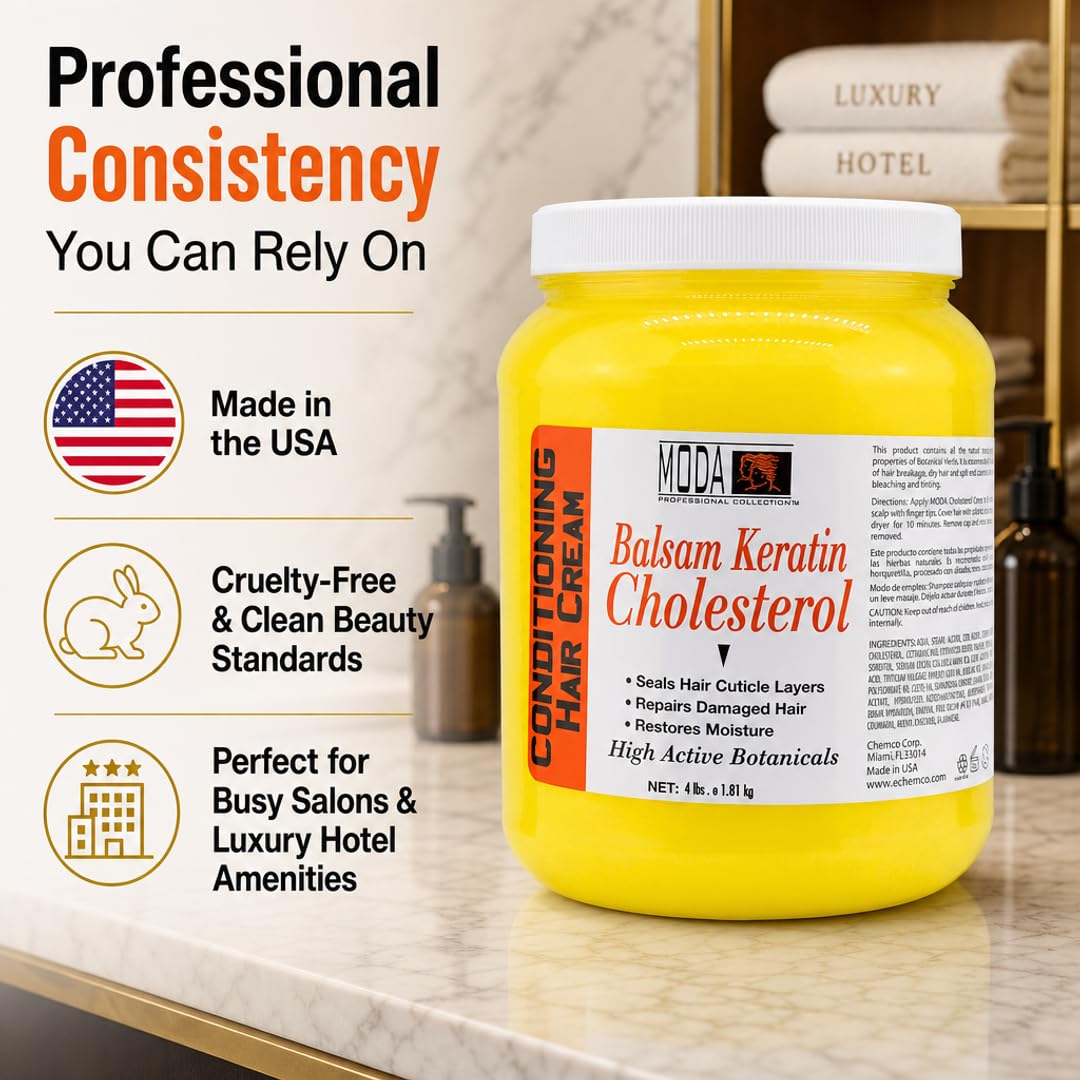 MODA Professional Balsam Keratin Cholesterol Cream for Salon-Grade Hair Restoration & Hospitality Amenity | 6 Actives. Max Repair. Bulk Value. | Intensive Hair Repair & Restored Vitality, 64 Oz Gallon