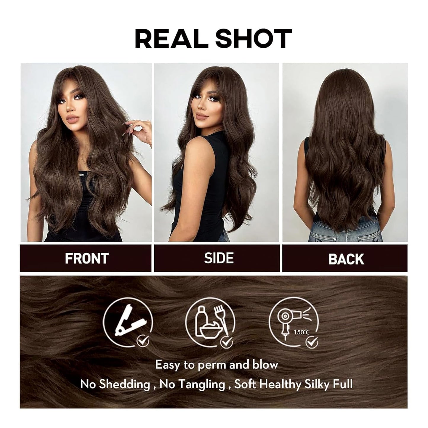 YOUGRACE Dark Brown Wig with Bangs, Wavy Wigs for Women Synthetic Hair Wig for Daily Party Use 26 Inch