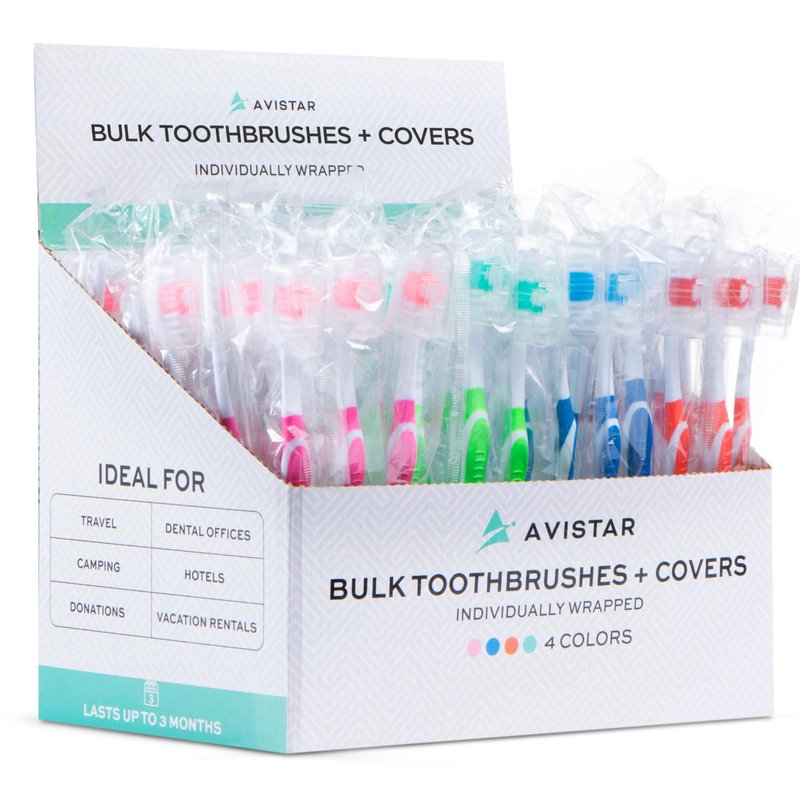 104 Pack Bulk Toothbrushes w/ Cover Caps, Individually Wrapped Disposable Travel Toothbrush, Value Size, Long Lasting 3+ Months, Med-Soft Manual Teeth Brush Bristles, 4 Colors (Red Green Blue Pink)