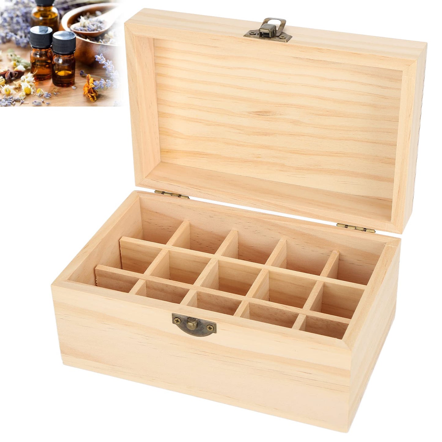 FILFEEL Wooden Essential Oil Bottle Storage Box, Large Capacity 15 Slot Essential Oil Storage Case Pine Wood Essential Oils Organizer Holder for Home, 18.2 x 11.5 x 9 cm