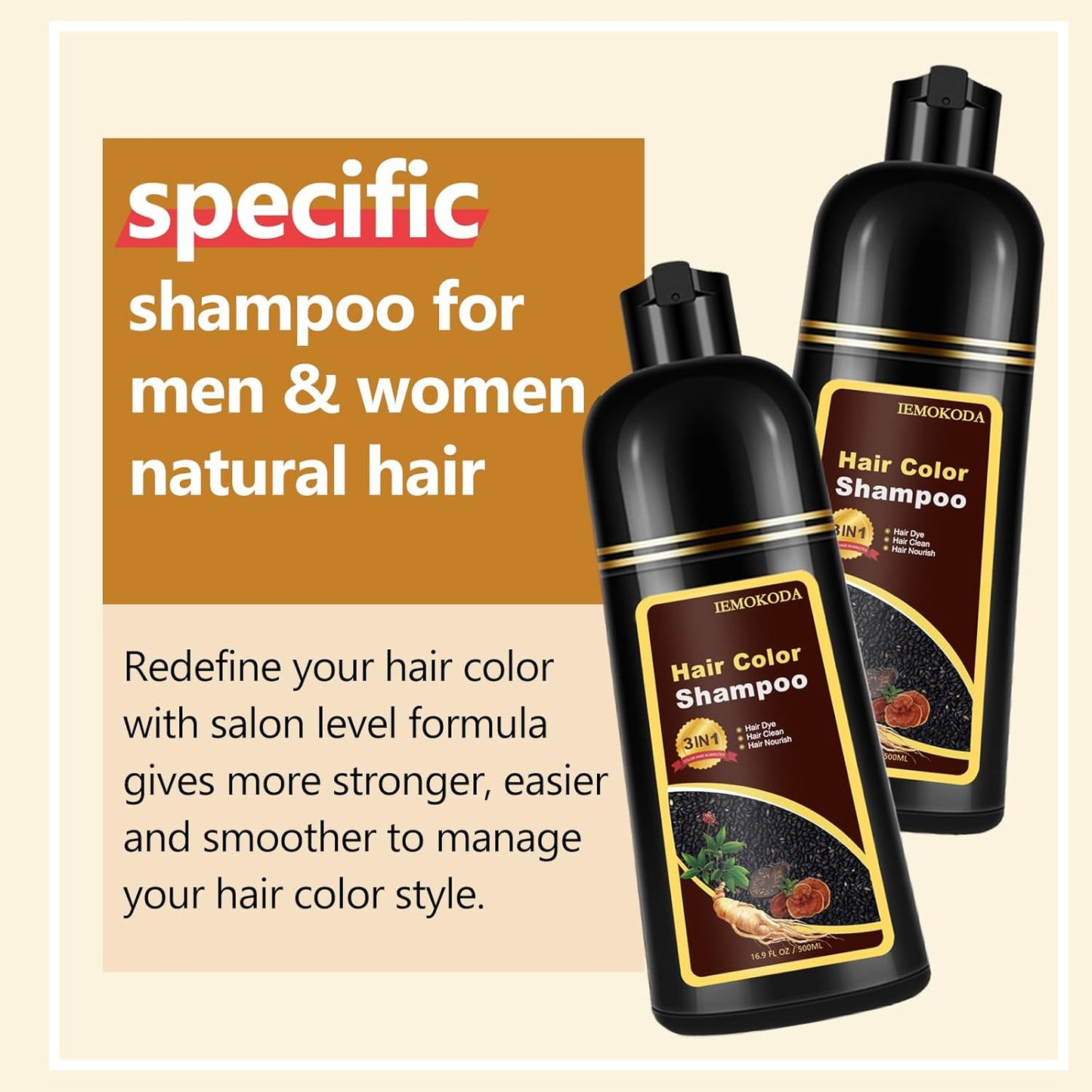 Instant Light Brown Hair Dye Shampoo - 3-in-1 Gray Coverage | Natural Color for Men & Women - 16.9 Fl Oz