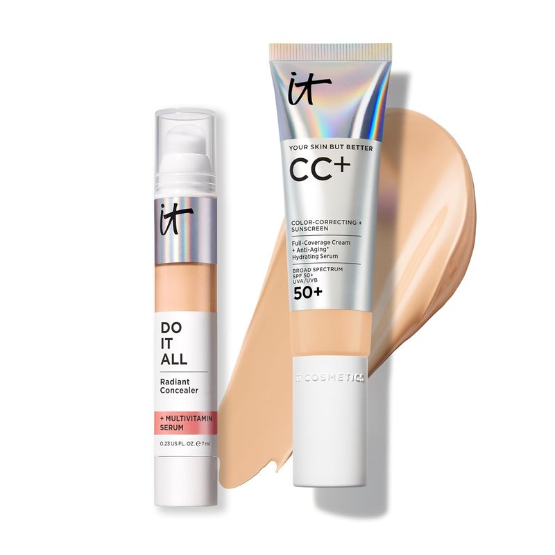 IT Cosmetics CC+ Cream SPF 50+ | Full Coverage Foundation & Radiant Concealer Set - Light Medium Warm