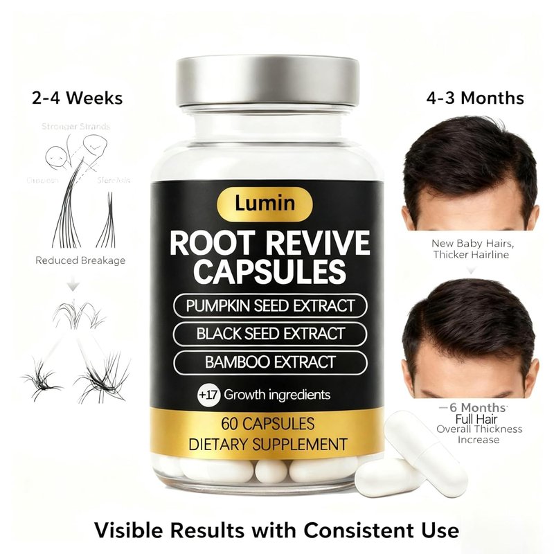 Lumin Root Revive Capsules – Hair Support Supplement for Thinning Hair, Healthy Scalp & Thickness – With Biotin, Black Seed, Bamboo, Saw Palmetto & 17 Nutrient-Rich Ingredients (1)