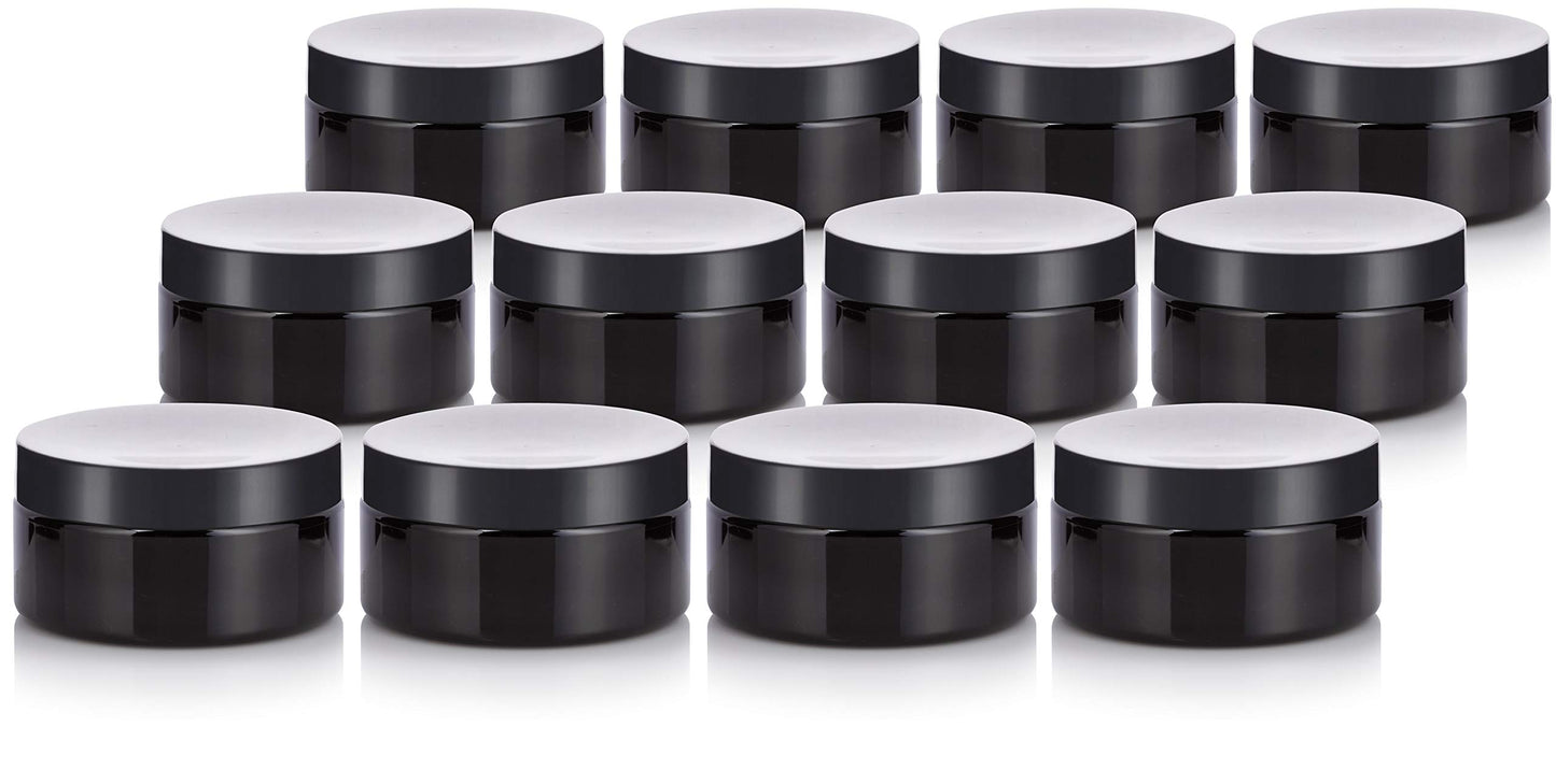 (12 Pack) 8 oz Black PET Plastic Low Profile Jar With Lid for Storage Refillable