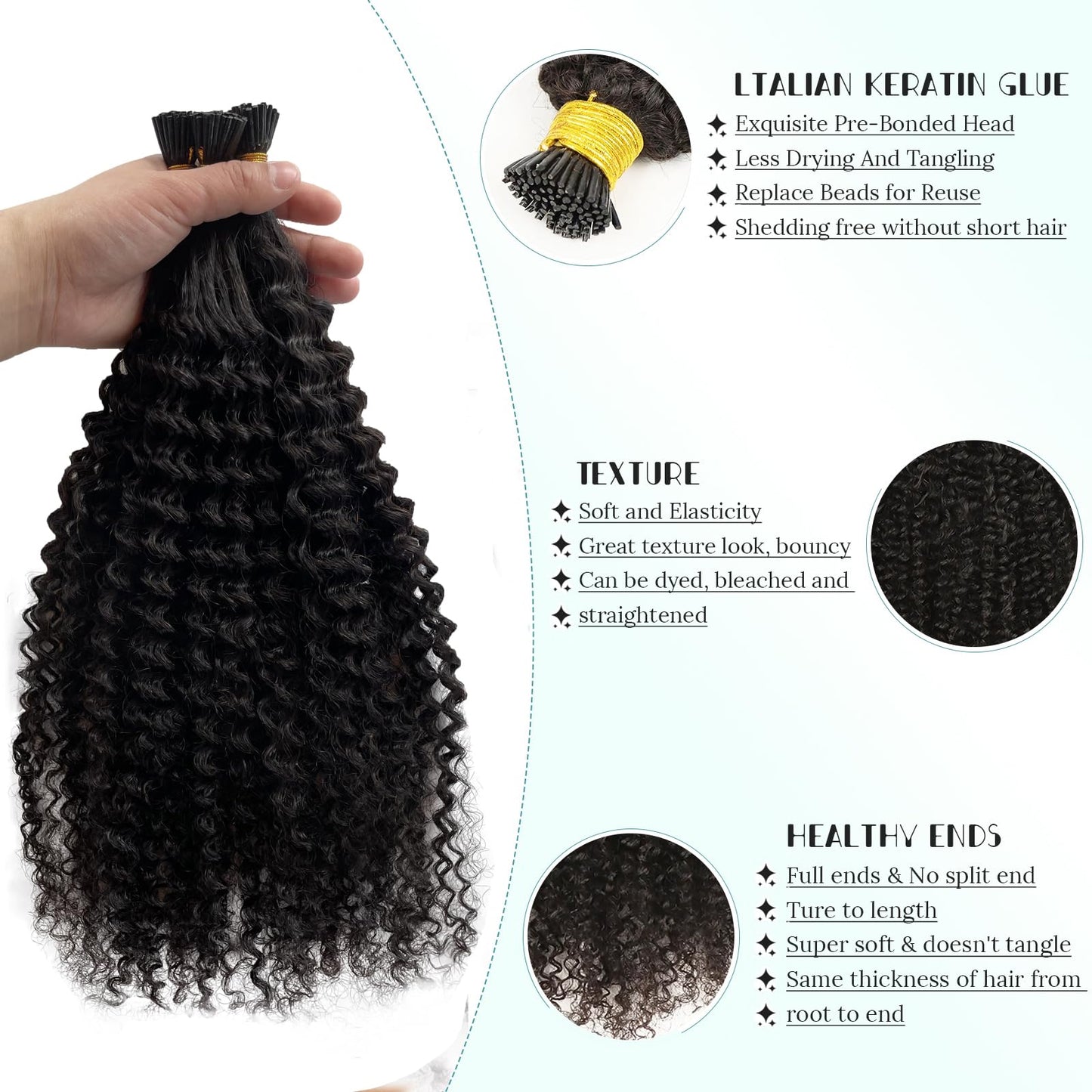 Kinky Curly I Tip Human Hair Extensions 0.5g/s 100 Strands 50g/pack Keratin Cold Fusion I Tip Hair Extensions Hair Piece #1B Natural Black Pre Bonded Itips Hair, 2-3 Packs for Full Head 18in