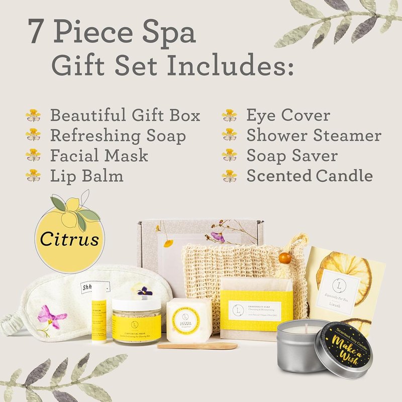 Lizush Luxury Spa Gifts for Women – 7 Piece Citrus Spa Gift Set with Candle, Gift Baskets for Women, Body Care Set for Mom, Birthday Box, Relaxation & Self Care Spa Kit for Wife – Handmade in the USA