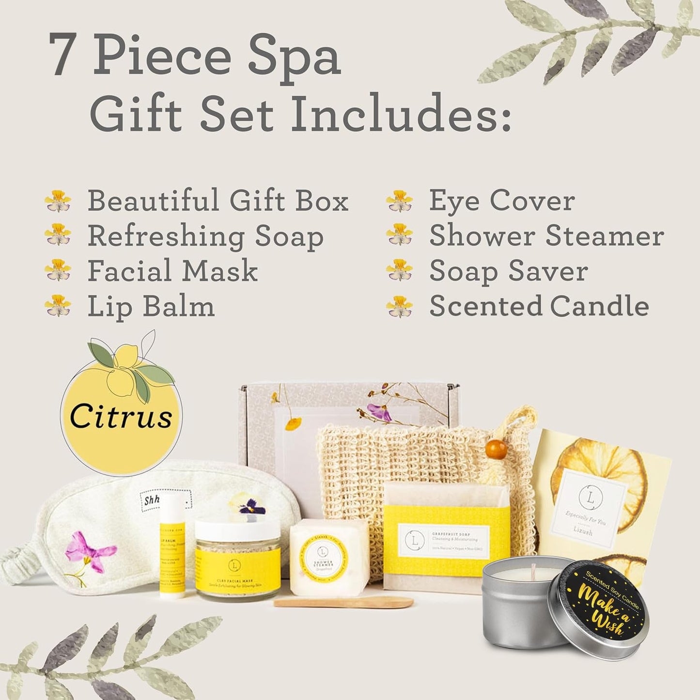 Lizush Luxury Spa Gifts for Women – 7 Piece Citrus Spa Gift Set with Candle, Gift Baskets for Women, Body Care Set for Mom, Birthday Box, Relaxation & Self Care Spa Kit for Wife – Handmade in the USA