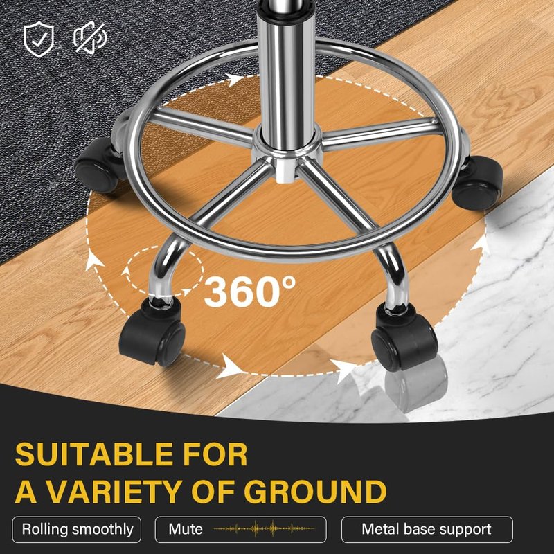 WKWKER Round Rolling Stool with Footrest PU Leather Height Adjustable 360° Swivel Stool with Wheels Office Chair Home Drafting Work Studio Shop SPA Salon Small (Grey)