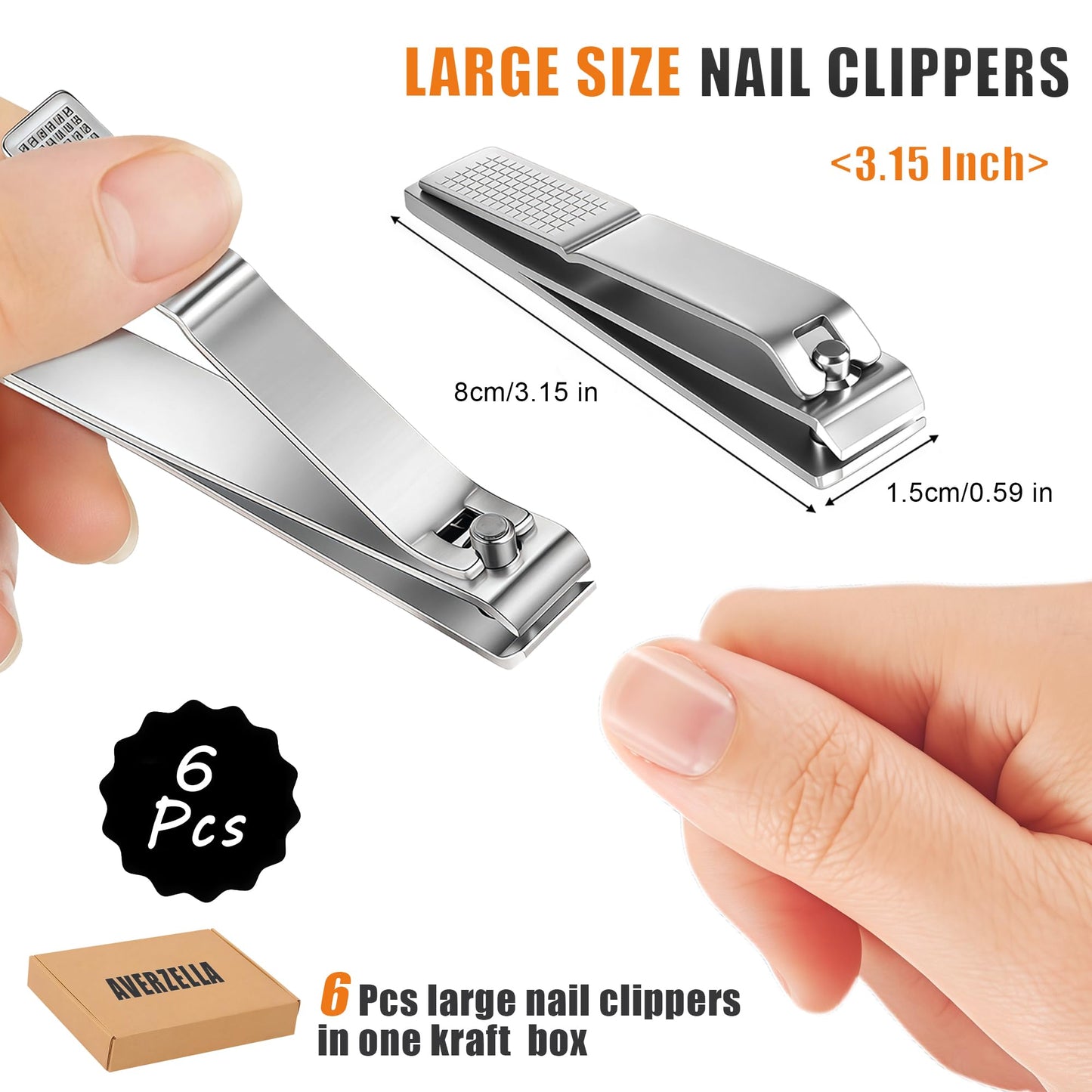 AVERZELLA 6-Pack Toenail Clippers, Straight Edge Large Nail Clippers Bulk Set for Men Women Seniors, 3.15 inch Long Handled for Thick Toenails, Big Stainless Steel Toe Nail Clipper with Anti-Slip Grip