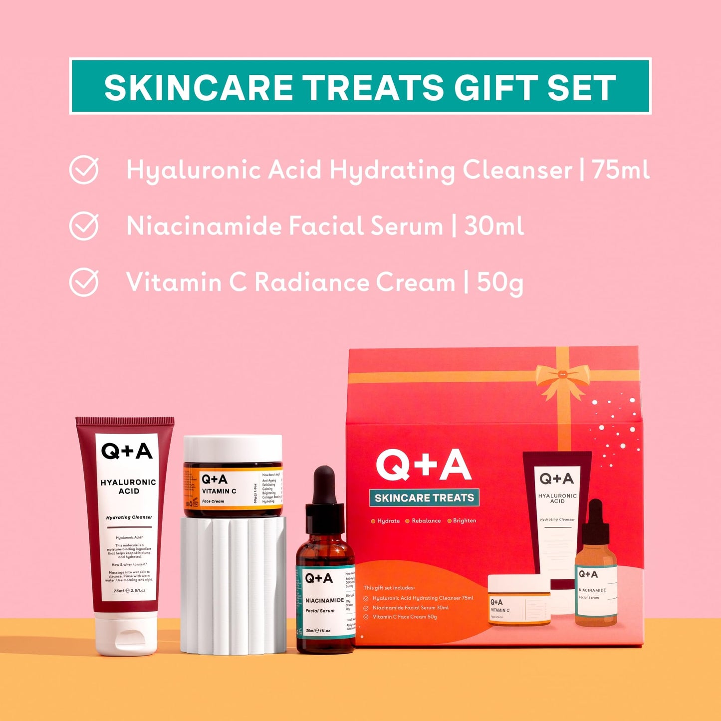 Q+A Skincare Treats Gift Set, 3-Step Routine for Healthy, Radiant Skin, Hydrating Facial Cleanser (75ml), Niacinamide Serum (30ml) & Vitamin C Face Cream (50g), Stocking Stuffers