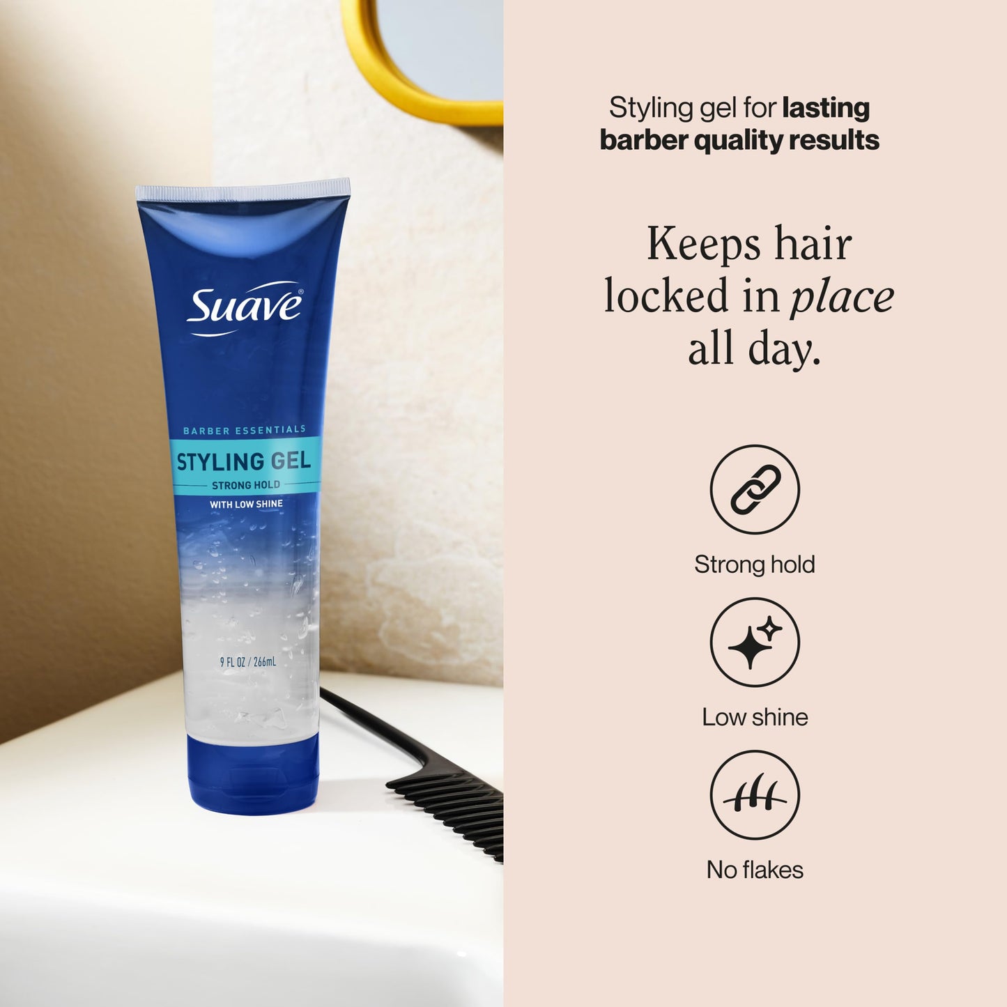 Suave Barber Essentials Styling Gel for Men, Strong Hold and Low Shine, No Flakes, Barber-Quality Results, 9 oz